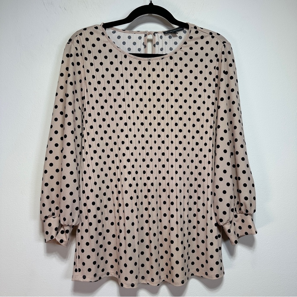 Adrianna Papell Blush Black Polka Dot Blouse Relaxed Fit 3 4 Sleeve Lightweight